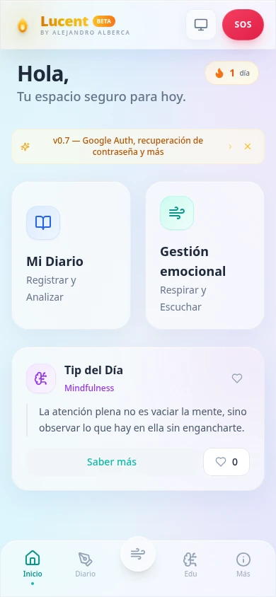 Inicio de Lucentapp con acceso al diario, gestión emocional y consejo de mindfulness