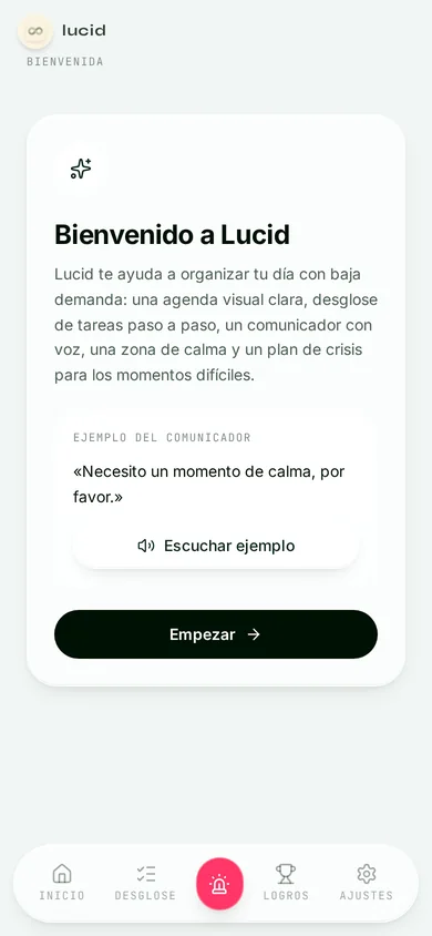 Pantalla de bienvenida de Lucid que presenta la agenda visual, el desglose de tareas, el comunicador con voz, la zona de calma y el plan de crisis