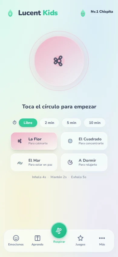 Lucentkids con ejercicios de respiración La Flor, El Cuadrado, El Mar y A Dormir