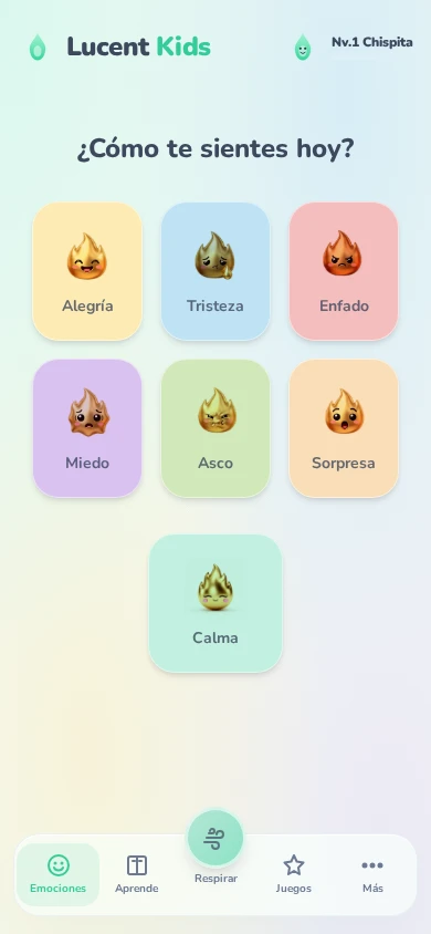 Pantalla de Lucentkids para identificar alegría, tristeza, enfado, miedo, asco, sorpresa y calma